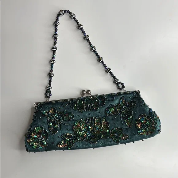 Bisou Bisou by Michele Bohbot Beaded Turquoise Clutch with sequin butterfly - Picture 1 of 8